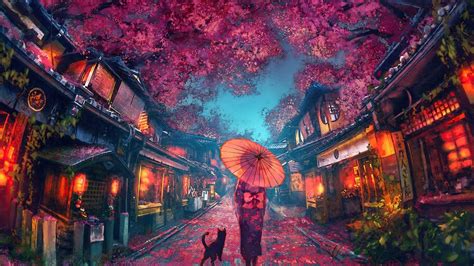 Beautiful Anime Street Scenery Cherry Blossom Kimono 4k 61621