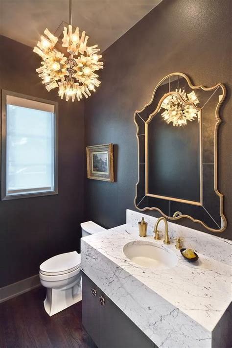 Gray And Gold Powder Room With Marble Vanity Contemporary Bathroom