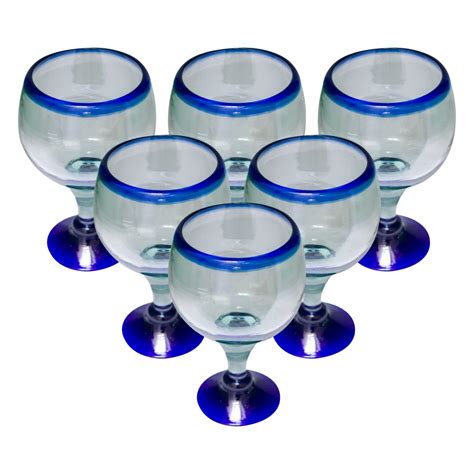 set of 6 blown glass cups cobalt blue rim handmade products