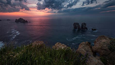Spain Bay Cantabria Coast Sea And Grass Between Rocks During Sunset Hd