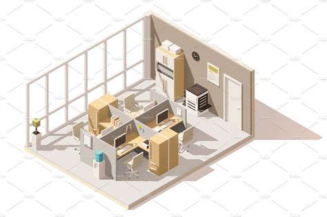 Vector Isometric Low Poly Office Room Illustrator Graphics Creative