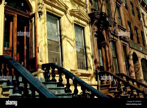 New York City Brownstoneswith Classic Stoops And Balustrades On West