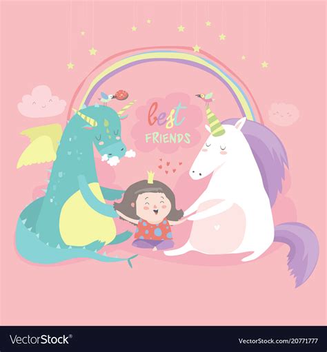 Cute Cartoon Dragon Unicorn And Little Girl Vector Image