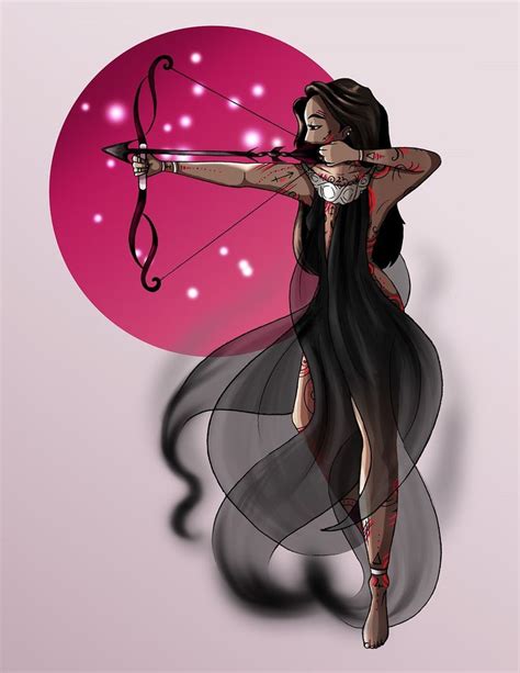 A Drawing Of A Woman Holding A Bow And Arrow In Front Of A Pink Background