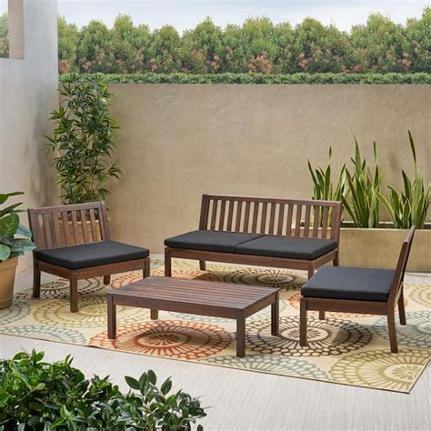 Noble House Caswell Dark Brown 4 Piece Wood Patio Conversation Seating