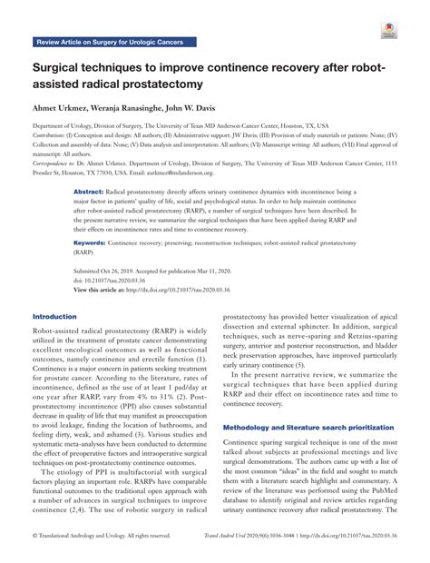 PDF Surgical Techniques To Improve Continence Recovery After Robot Assisted Radical Prostatectomy
