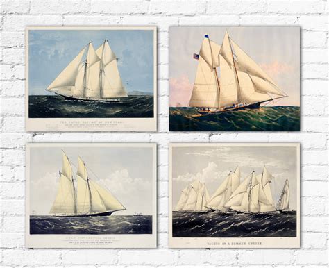 nautical poster set of 4 vintage style yacht prints ship decor ship wall art beach house decor