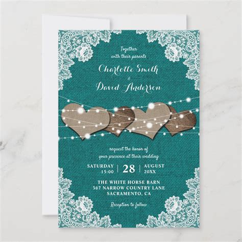 Rustic Country Teal Burlap Lace Wedding Invitation Zazzle