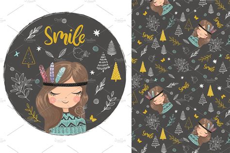 Hippie Girl Vectorcute Girl Pattern Pre Designed Photoshop Graphics