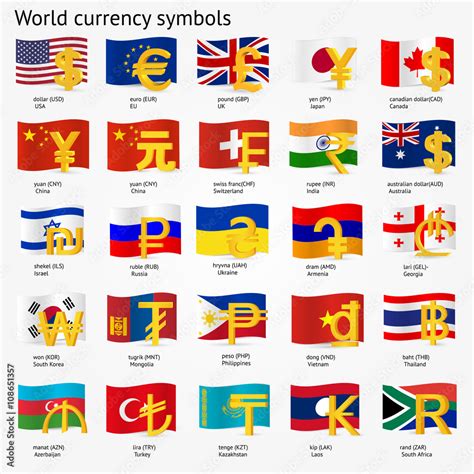Vecteur Stock World Currency Symbols With Flag Icon Set Money Sign