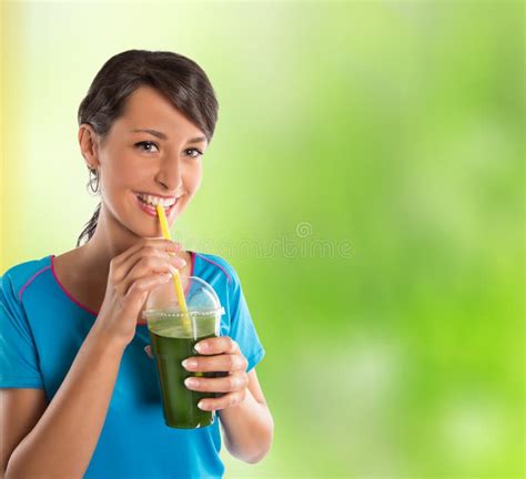 Green Vegetable Smoothie Woman Living Healthy Lifestyle Drinking Vegetable Smoothies Stock