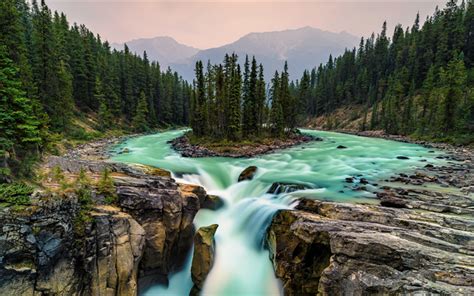 Download Wallpapers 4k Sunwapta River Waterfalls Forest Canadian