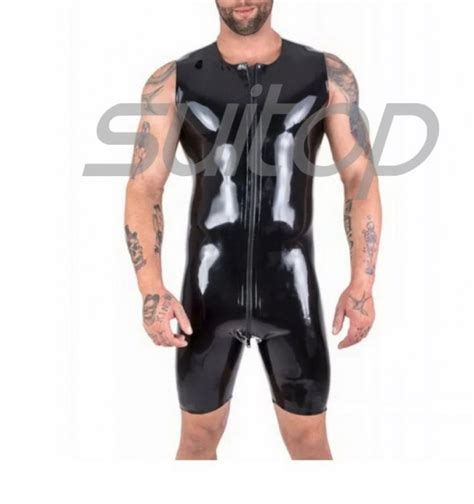 Black Rubber Latex Sleeveless Leotard Jumpsuit With Front Zip To Waist