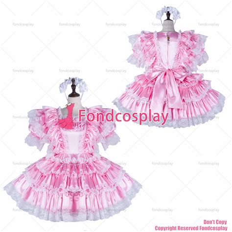 Fondcosplay Adult Sexy Cross Dressing Sissy Maid Baby Pink Satin Dress Lockable Uniform Cosplay