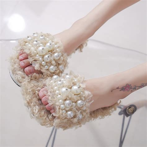 Basic Slippers With Fur Shoes Women Hairy Pearl Outside Casual Furry
