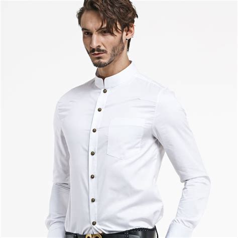 modern mandarin collar snap button shirt white