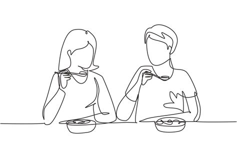 Single Continuous Line Drawing Young Couple Having Salad Meal Around