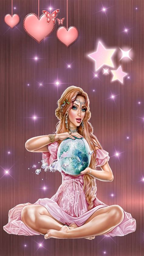 A Woman Sitting On The Ground Holding A Globe In Her Hands With Hearts Hanging From It