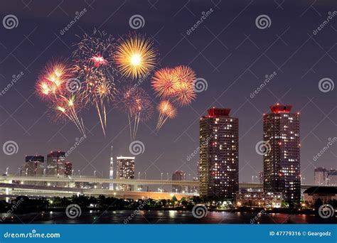 Fireworks Celebrating Over Odaiba Tokyo Cityscape At Night Stock Photo
