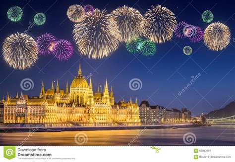 Beautiful Fireworks Under Hungarian Parliament Stock Image Image Of