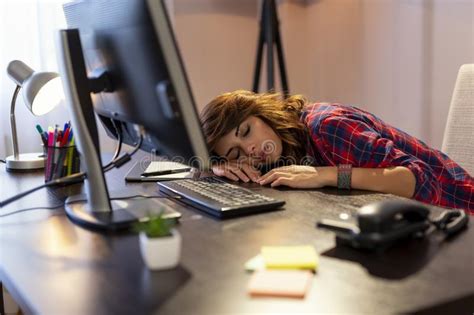 Tired Woman Asleep At Her Desk Stock Photo Image Of Brunette