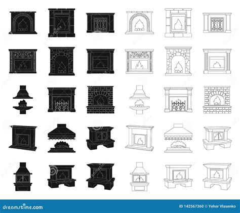 Different Kinds Of Fireplaces Blackoutline Icons In Set Collection For