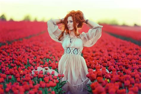 Dress Tulips Field Looking Away P Arms Up Women Outdoors