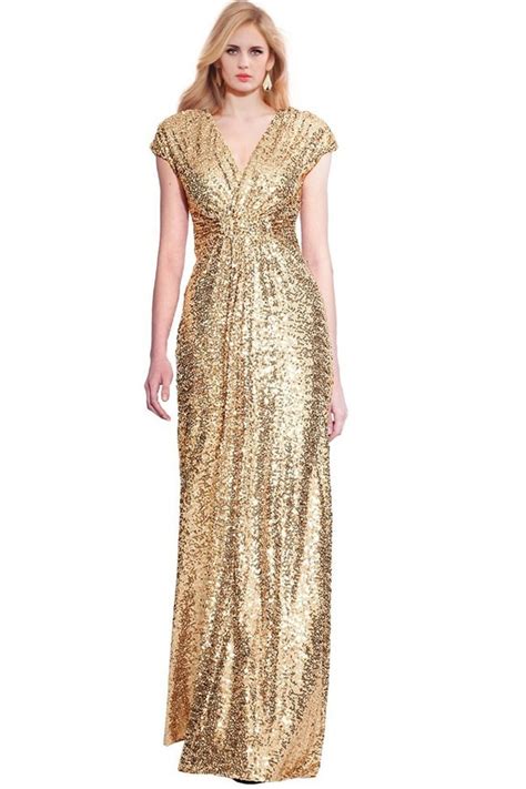 Sheath V Neck Cap Sleeve Full Back Gold Sequin Evening Prom Dress