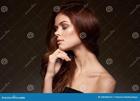 Portrait Of A Woman Makeup Posing Naked Shoulders Hairstyle Dark Background Stock Image Image