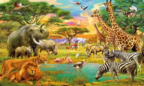 african animals jungle lion zebra giraffe elephants flamingo art wallpaper hd