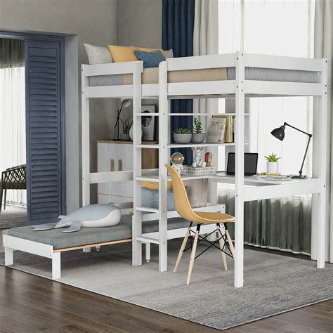 Euroco Twin Loft Bed With Study Desk Bunk Bed With Shelves And Ladder