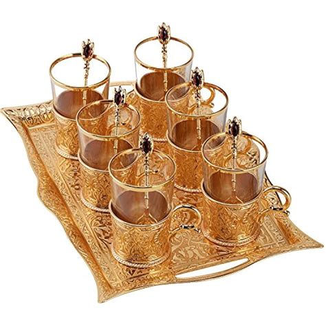 Turkish Tea Sets For 6 Decorated Glasses With Brass Holders Tray