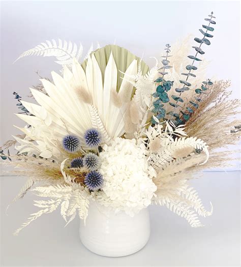 Pampas Grass And Palm Dusty Blue Vase Arrangement Centerpiece Dried
