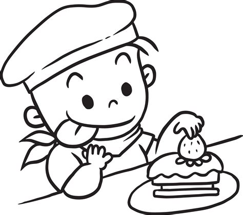 Cartoon Boy Eating Cake Doodle Kawaii Anime Coloring Page Cute
