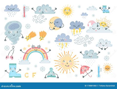 Cute Weather Set A Forecast Meteorology Symbols Stock Vector