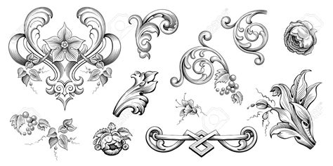 An Ornate Set Of Design Elements Including Flowers And Leaves In Black
