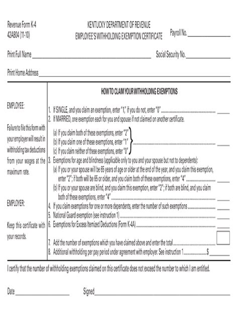 Ky Dor 42a804 Form K 4 2010 Fill Out Tax Template Online Us Legal Forms