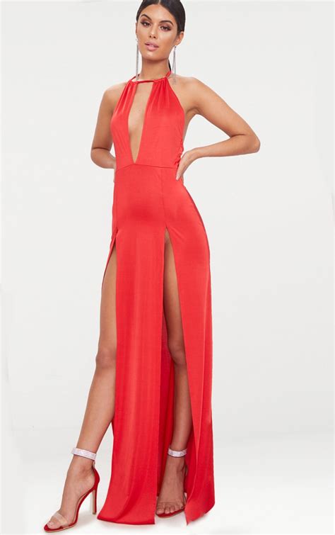 Red High Neck Cut Out Detail Extreme Split Maxi Dress