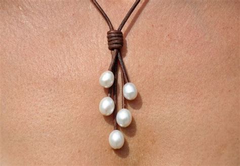 Pearl And Leather Lariat Freshwater Pearl Necklace Pearl Etsy