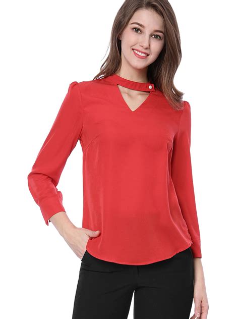 Women Pearl Buttoned Choker V-neck 3/4 Sleeve Blouses Tops Shirt Red M (US 10) - Walmart.com