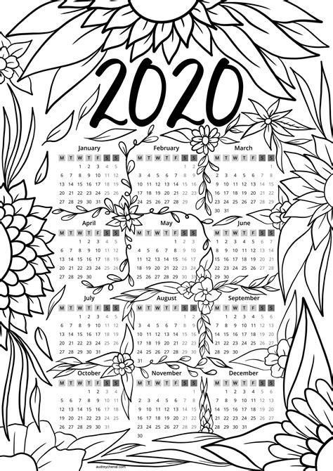 2020 Printable Yearly Colouring Calendar