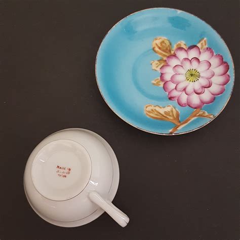 Vintage Occupied Japan Hand Painted Tea Cup & Saucer Set, Blue Tea Cup