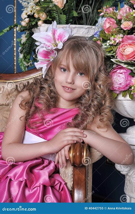 Girl In A Pink Dress Among The Flowers Stock Image Image Of Beauty Eyes 40442755