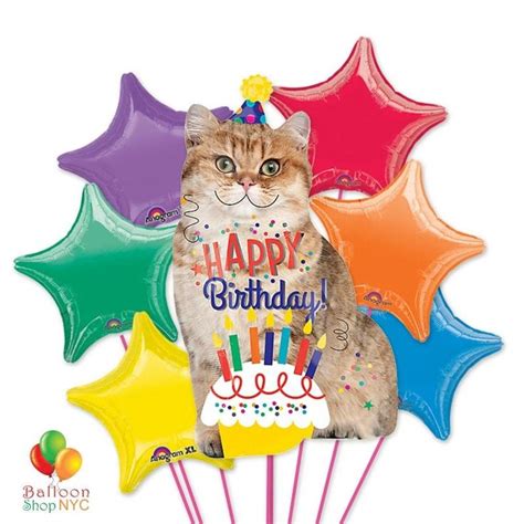 Happy Birthday Cat And Cake Jumbo Mylar Balloon Bouquet Delivery In Nyc