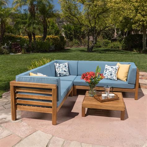 Frontage road, ft collins, co 80524. Noble House Oana Teak Finish 4-Piece Wood Outdoor Sectional Set with Blue Cushions-299118 - The ...