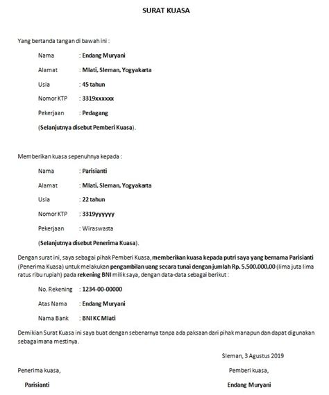 Contoh Surat Kuasa Pengambilan Uang di Bank + Download
