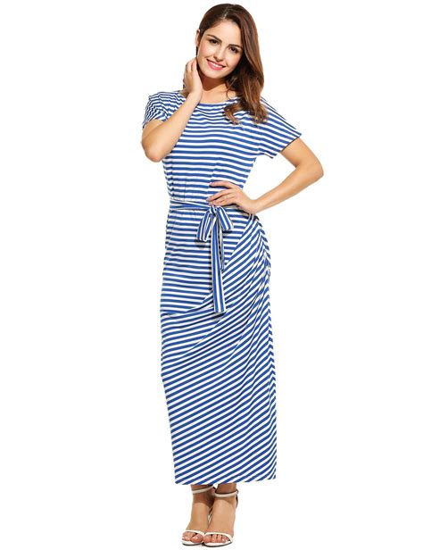 Gray Women Loose Batwing Short Sleeve Striped Draped Long Maxi With