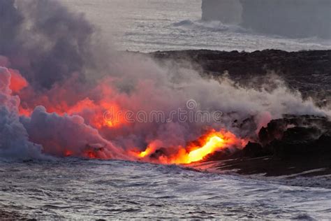 Lava Flowing Into Ocean Kilauea Volcano Hawaii Stock Photo Image