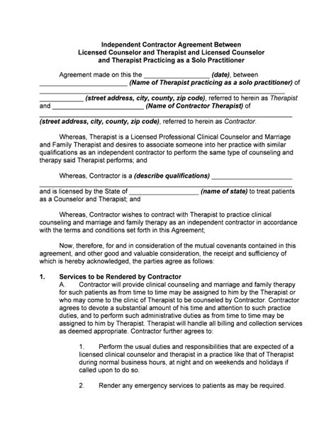 Mental Health Therapist Independent Contractor Agreement Fill Online Printable Fillable