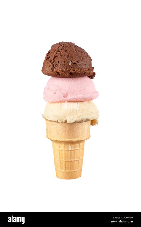 An Ice Cream Cone With Vanilla Chocolate And Strawberry Ice Cream